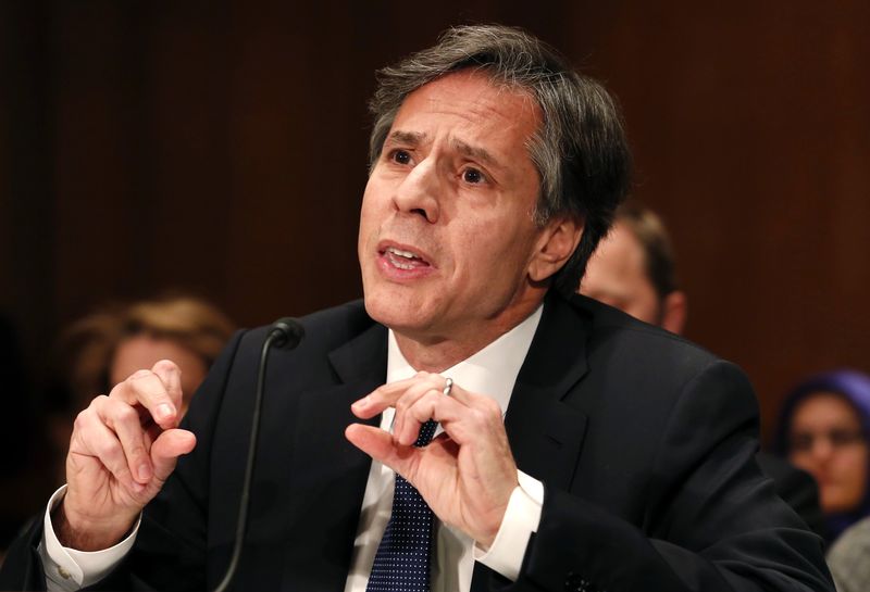 © Reuters. Deputy Secretary of State Antony Blinken testifies before a Senate Banking, Housing and Urban Affairs Committee