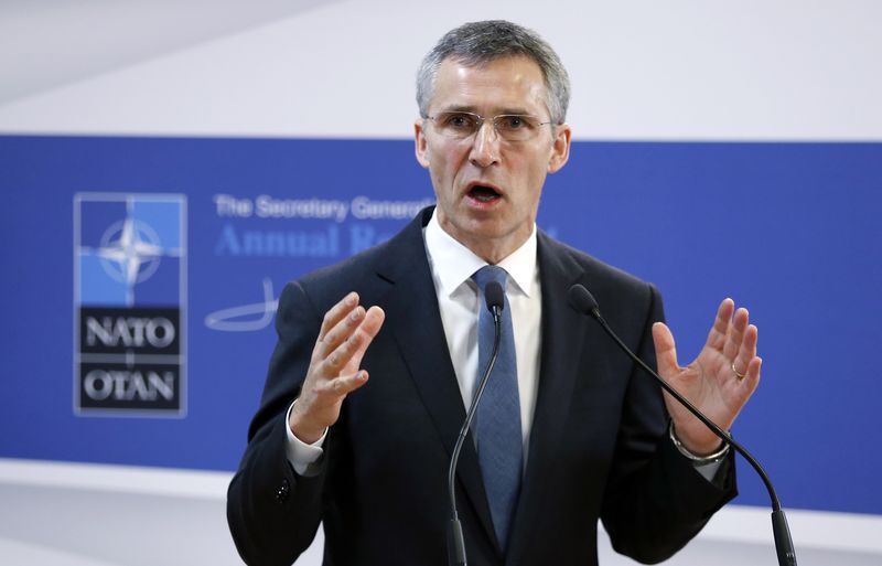 © Reuters. NATO Secretary General Stoltenberg addresses a news conference at the Alliance headquarters in Brussels