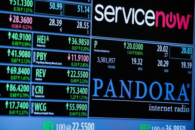 © Reuters. Screen displays the name of music streaming company Pandora on the floor of the New York Stock Exchange shortly after the start of trading in New York