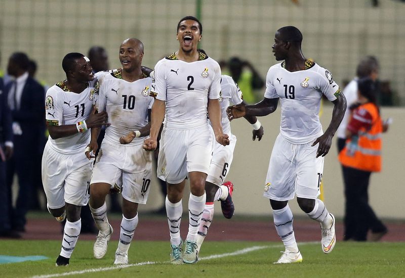 © Reuters. Ghana's Ayew celebrates his goal during their semi-final soccer match of the 2015 African Cup of Nations against Equatorial Guinea in Malabo