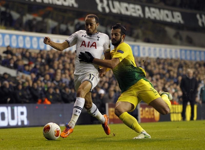 © Reuters. Tottenham Hotspur's Andros Townsend is challenged by Anzhi Makhachkala's Gia Grigalava during their Europa League soccer match at White Hart Lane in London