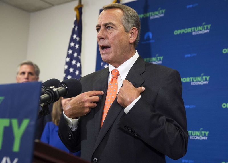 © Reuters. Speaker of the House John Boehner (R-OH) speaks after a House Republican caucus meeting