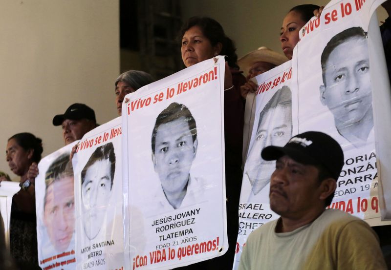 © Reuters. Relatives hold up posters of some missing students from Ayotzinapa Teacher Training College during a news conference, at the Miguel Agustin Pro Juarez Human Rights Center in Mexico City