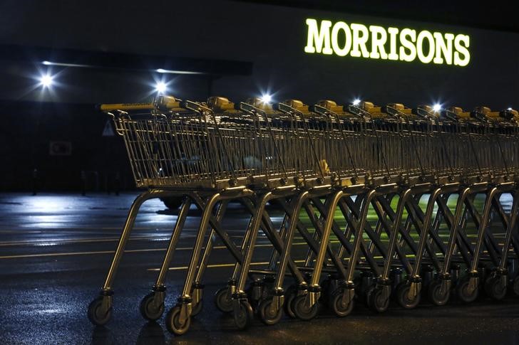 © Reuters. Shopping trolleys are stacked in the car park of a Morrisons supermarket store in Croydon