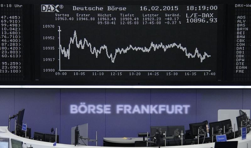 © Reuters. A trader is working at his desk in front of the DAX board at the Frankfurt stock exchange