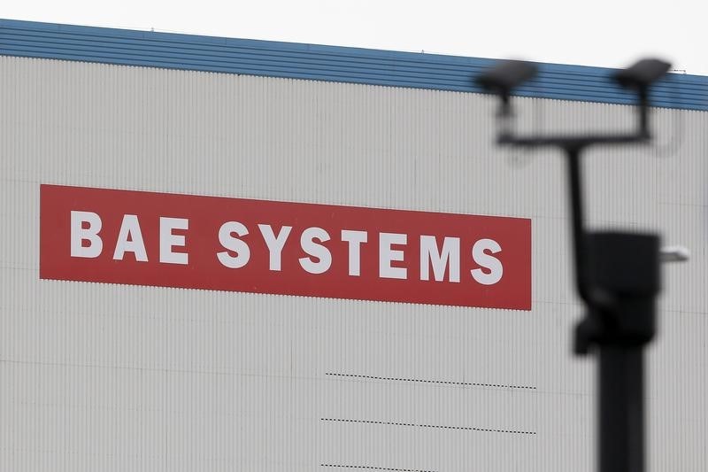 © Reuters. A BAE Systems sign is seen at the entrance to the naval dockyards in Portsmouth