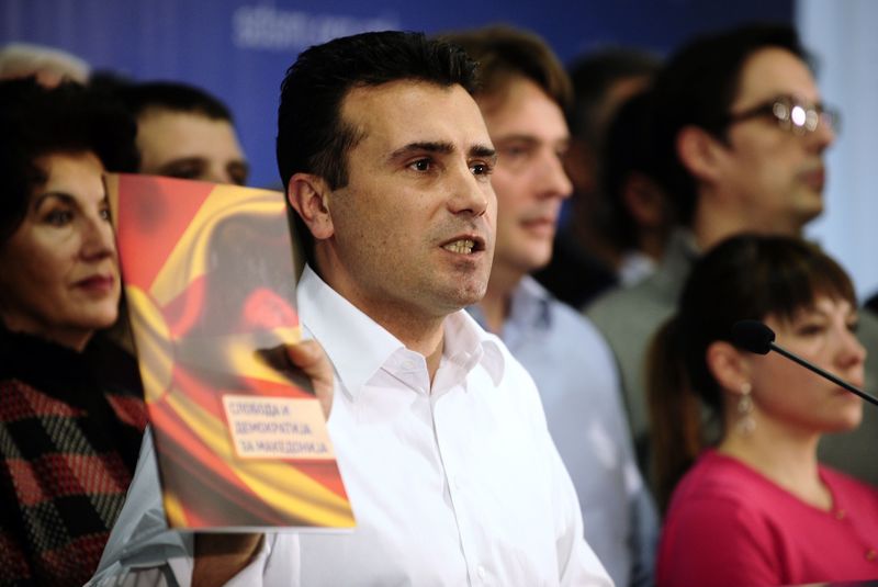 © Reuters. Macedonia's chief opposition leader Zaev speaks to the media in Skopje