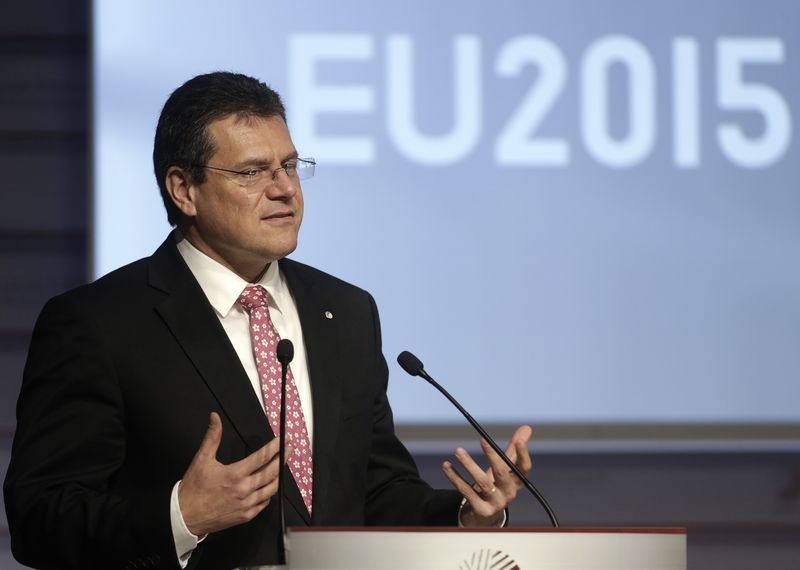 © Reuters. European Commission Vice President Sefcovic speaks during the Energy Union conference in Riga