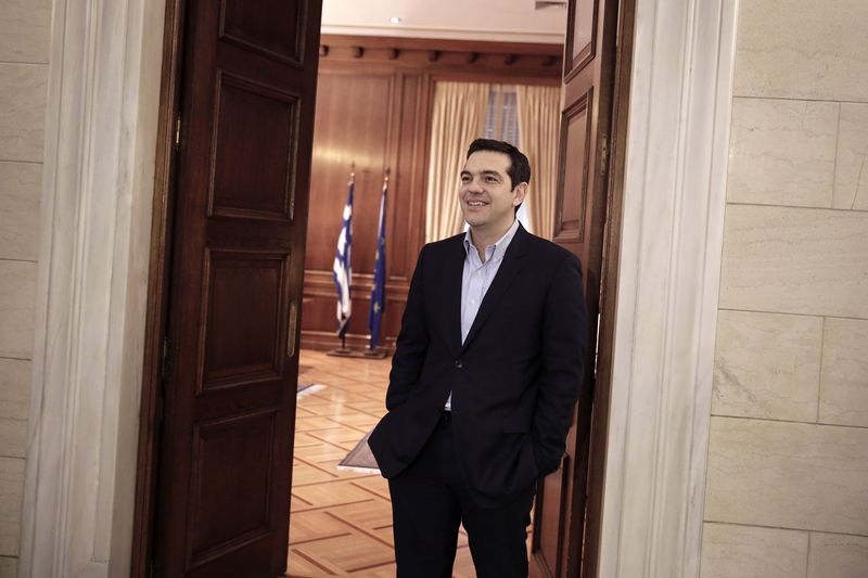 © Reuters. Greek PM Tsipras is seen before his meeting with the member of the European Parliament for The Greens Keller at this office in Athens