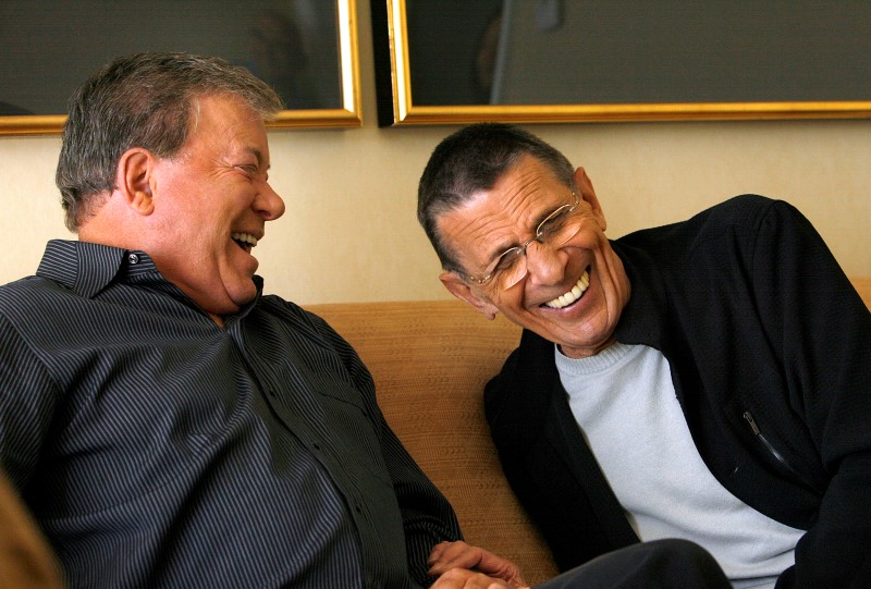 © Reuters. Shatner and Nimoy laugh during interview for 40th anniversary of 'Star Trek' in Los Angeles