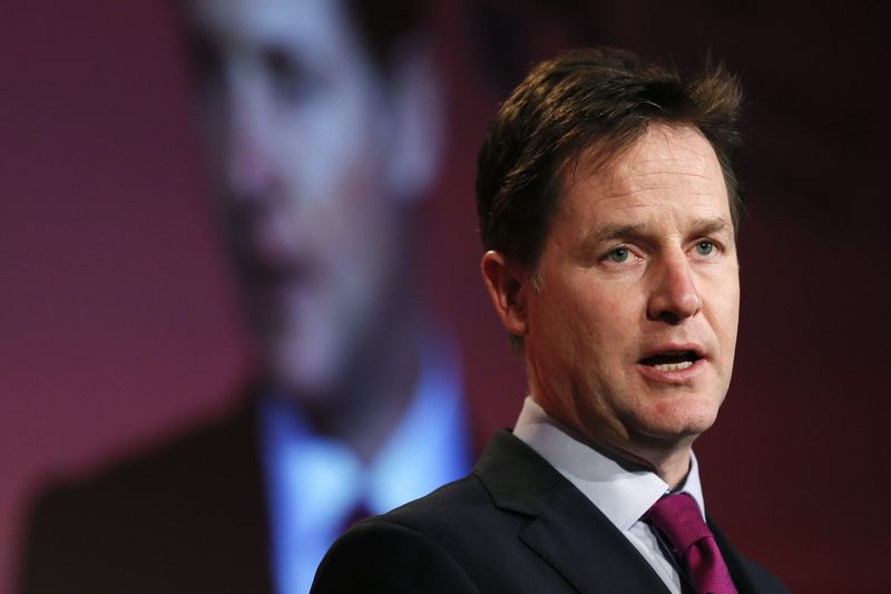 © Reuters. Britain's deputy Prime Minister and leader of the Liberal Democrats, Clegg speaks during the British Chambers of Commerce annual meeting in central London