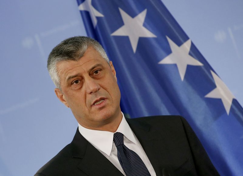 © Reuters. Kosovo's Foreign Minister Thaci speaks to the media  in Berlin