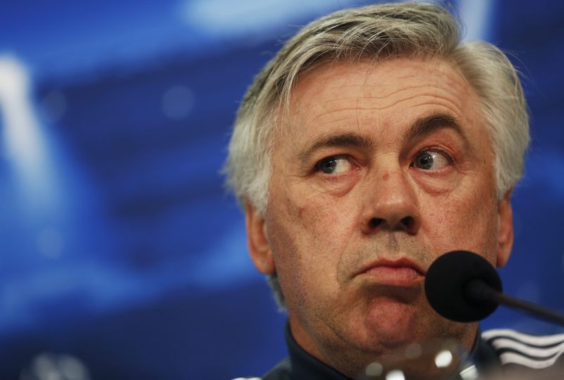 © Reuters. Real Madrid's coach Ancelotti addresses a news conference in Gelsenkirchen