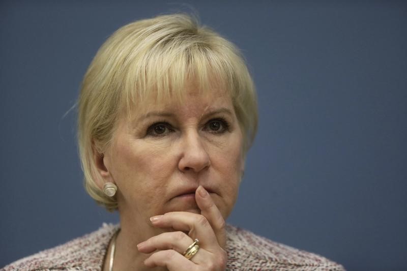 © Reuters. Sweden's Minister of Foreign Affairs Wallstrom listens during a news conference in Riga