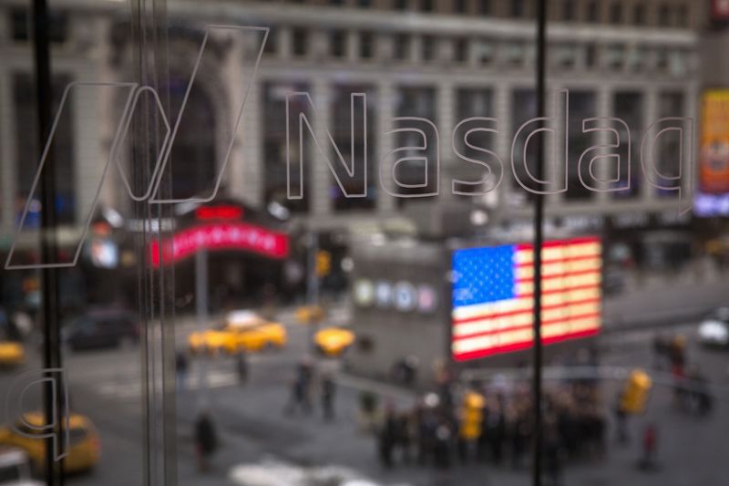 © Reuters. The Nasdaq logo is etched into glass at the headquarters for the Nasdaq in New York