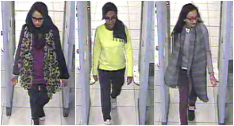 © Reuters. Combo picture of CCTV handouts shows British teenage girls Shamima Begun, Amira Abase and Kadiza Sultana walking through security at Gatwick airport before they boarded a flight to Turkey