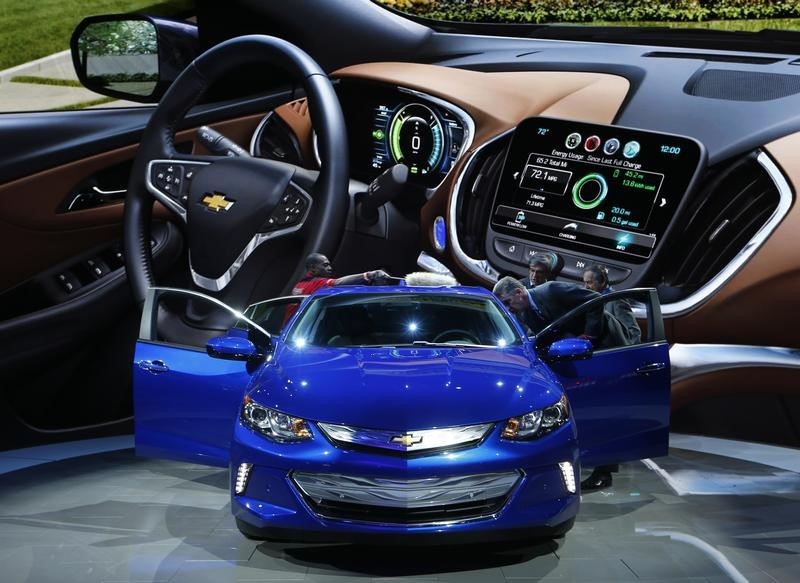 © Reuters. A 2016 Chevrolet Volt hybrid is displayed in front of a large illustration of its dashboard during the second press day of the North American International Auto Show in Detroit