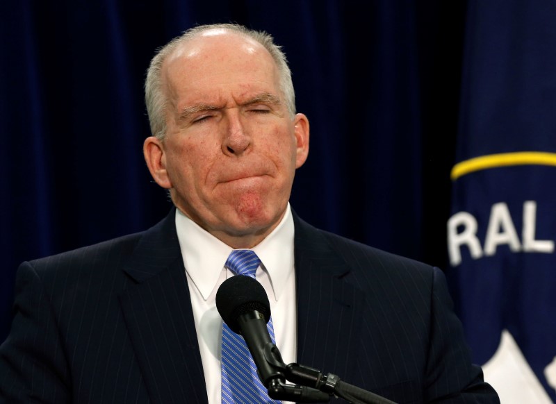© Reuters. Director of the Central Intelligence Agency John Brennan pauses while he holds a rare news conference at the CIA Headquarters in Virginia