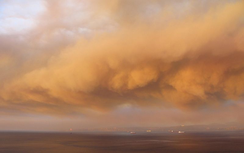 © Reuters. Smoke from a forest fire is seen in Valparaiso city,