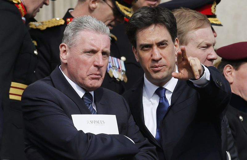 © Reuters. Britain's Shadow Defence Secretary Vernon Coaker and Ed Miliband, leader of the opposition Labour Party, leave the Service of Commemoration for Afghanistan at St Paul's Cathedral in London