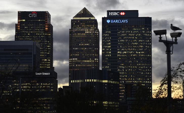 © Reuters. The Canary Wharf financial district is seen at dusk in east London