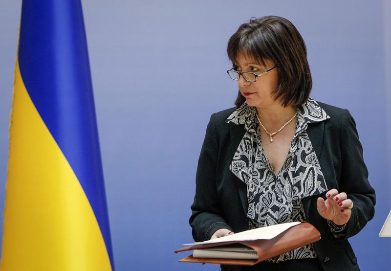 © Reuters. Ukraine's Finance Minister Natalia Yaresko attends a meeting to report on the work done during the first 100 days of the Ukrainian government in Kiev