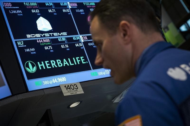 © Reuters. Herbalife ticker is seen at the post where its stock is traded on the floor of the New York Stock Exchange