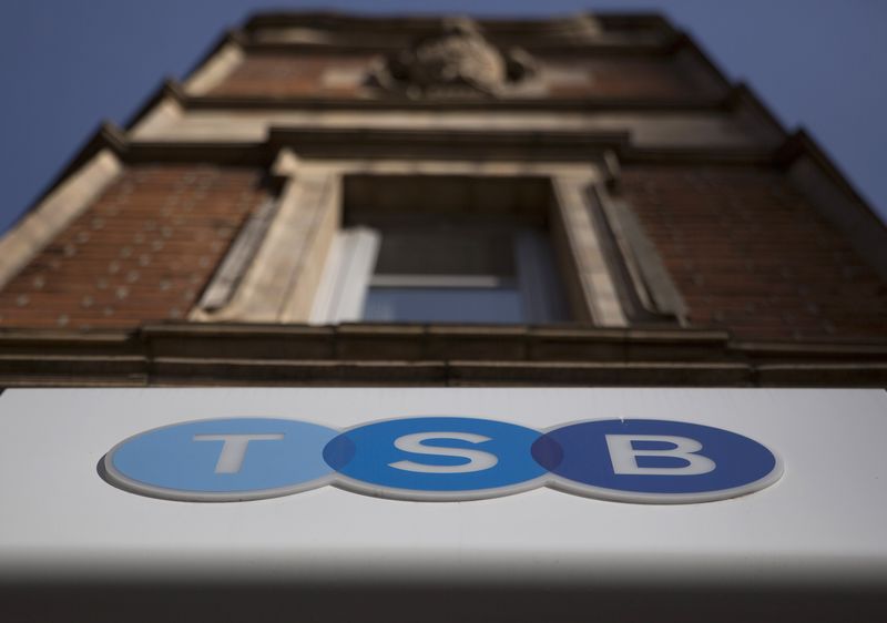 © Reuters. A sign is displayed outside a branch of the TSB bank in central London