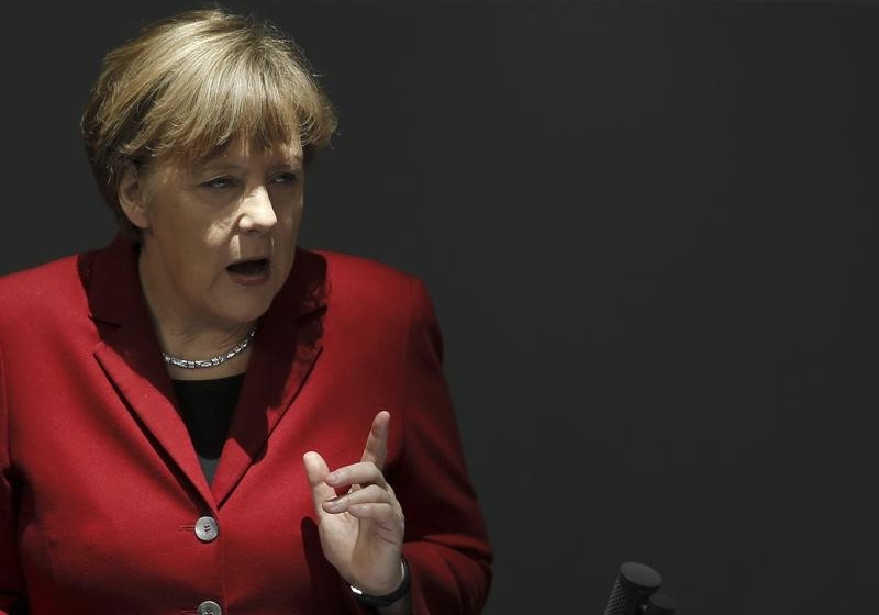 © Reuters. German Chancellor Merkel gives speech during a debate at Bundestag in Berlin