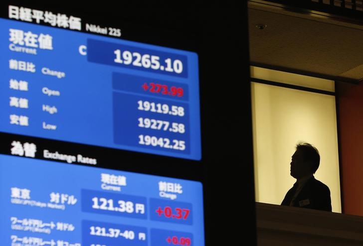 © Reuters. A man stands next to a stock quotation board at the Tokyo Stock Exchange