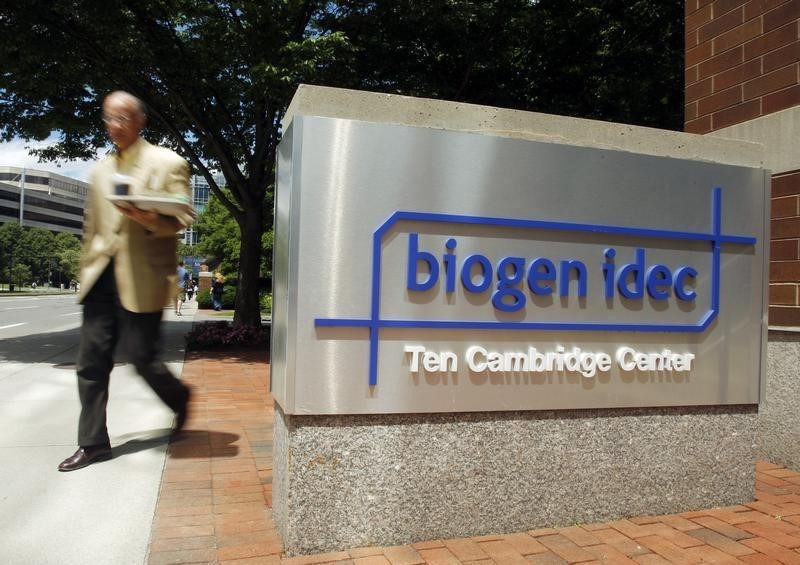 © Reuters. A pedestrian passes the sign outside the headquarters of Biogen Idec Inc. in Cambridge