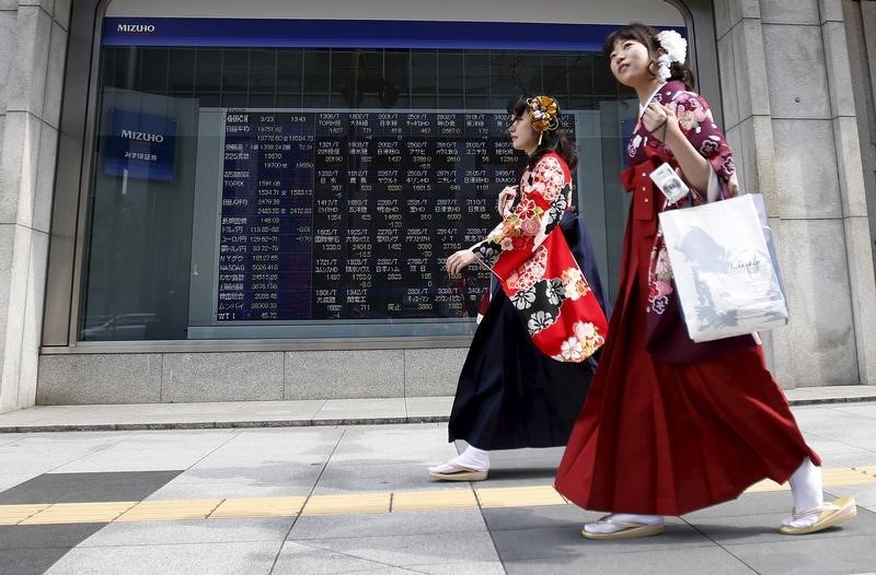 © Reuters. Women wearing Hakama, or Japanese traditional Kimono, walk past an electronic board, showing the various stock prices, outside a brokerage in Tokyo