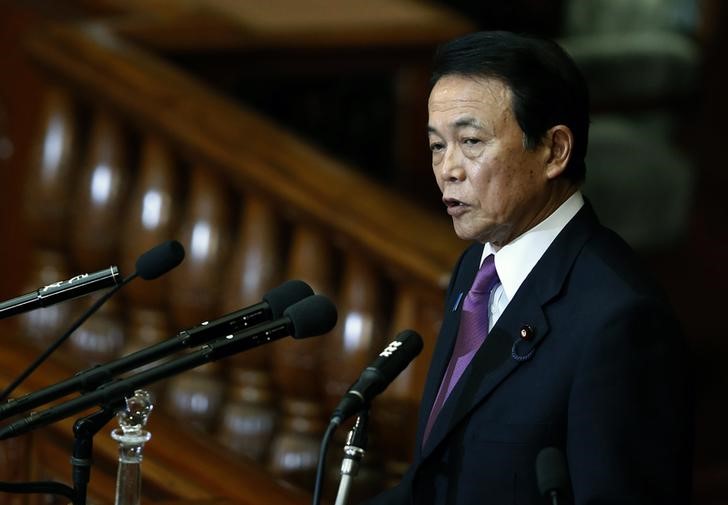 © Reuters. Japan's DPM and Finance Minister Aso gives the financial address during an ordinary session of the parliament in Tokyo