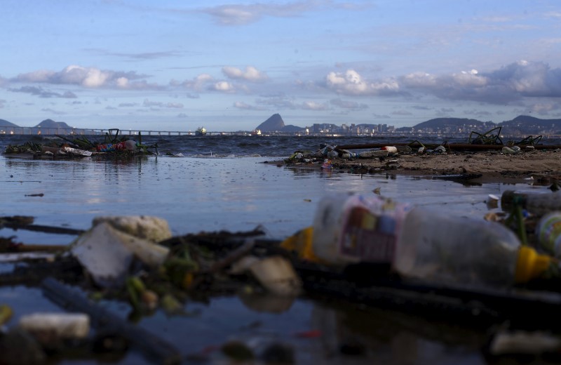 © Reuters. Rubbish is pictured at Bica beach, on the banks of the Guanabara Bay, with the Sugar Loaf mountain in background, 500 days ahead the Rio 2016 Olympic Games in Rio de Janeiro