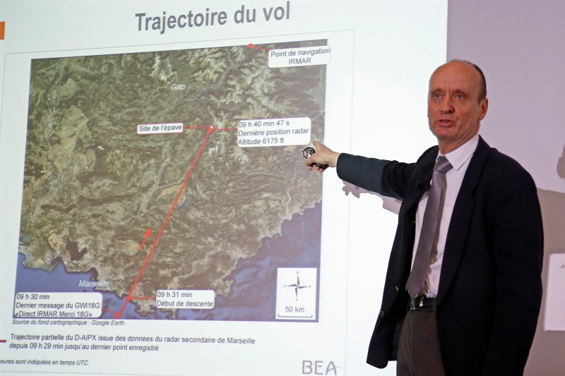 © Reuters. LE BEA N'EXCLUT AUCUNE PISTE POUR LE CRASH DE LA320 DE GERMANWINGS, HORMIS UNE EXPLOSION