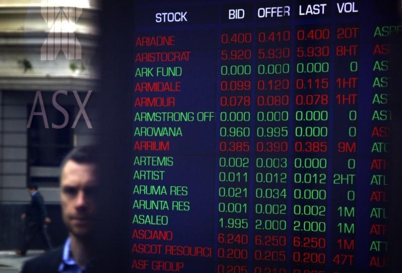 © Reuters. Pedestrians are reflected in the window of the Australian Securities Exchange next to a board displaying stock prices in central Sydney
