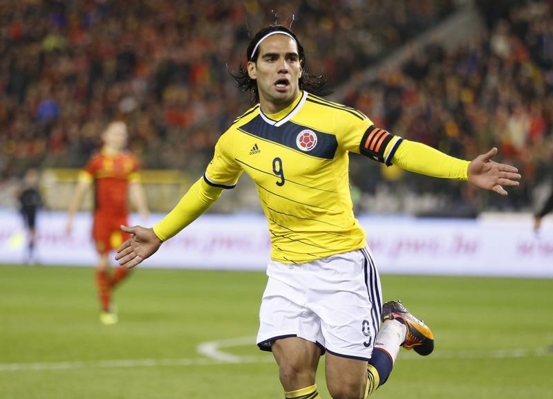 © Reuters. Colombia's Falcao celebrates his goal against Belgium during their international friendly soccer match at King Baudouin Stadium in Brussels 