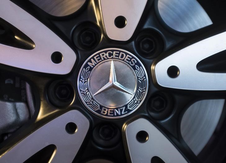 © Reuters. Logo of  Mercedes-Benz is seen on the wheel of the new version of A-Class car during its launch in Mumbai