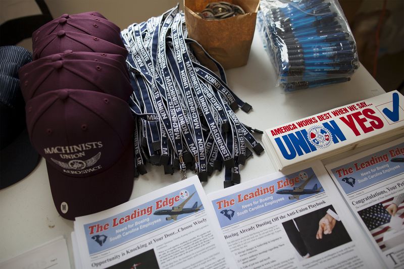 © Reuters. Promotional materials from the International Association of Machinists & Aerospace Workers are displayed at the union headquarters in North Charleston