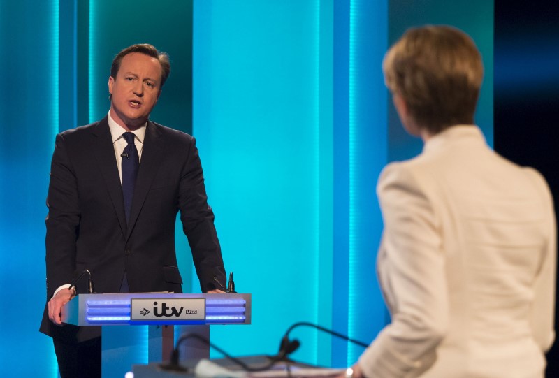 © Reuters. David Cameron, the leader of the Conservative Party and Britain's current prime minister, speaks during the leaders televised election debate at Media City in Salford in Northern England
