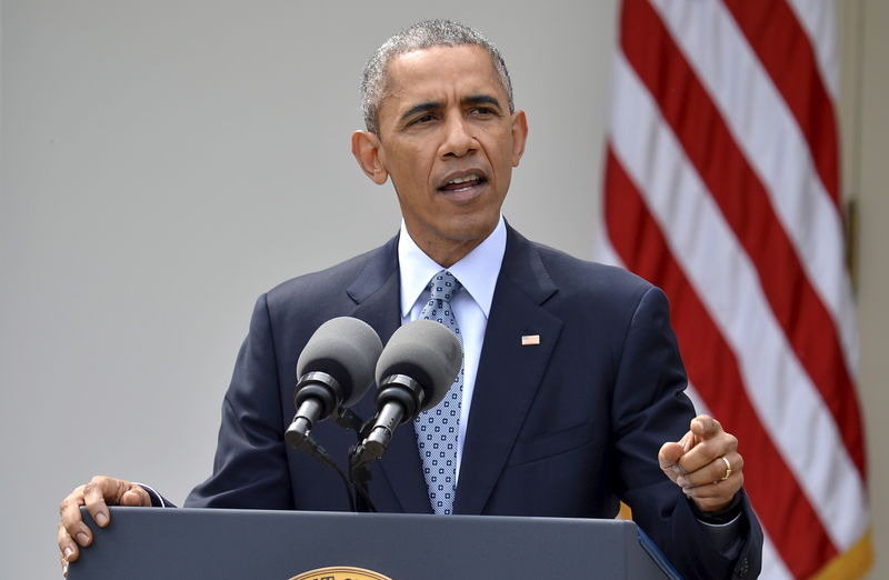 © Reuters. President Obama speaks about the framework agreement on Iran's nuclear program during a statement in the Rose Garden of the White House in Washington