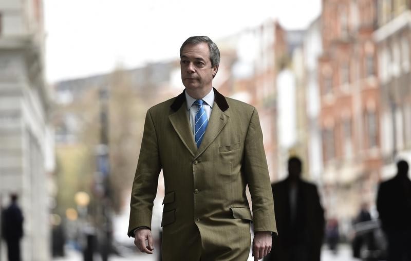 © Reuters. Leader of the UK Independence Party (UKIP), Farage arrives at BBC  New Broadcasting House for a radio interview in London