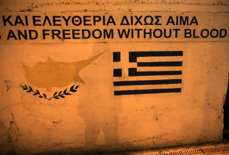 © Reuters. Greek and Cypriot flags are painted on a wall at Nicosia's Green Line