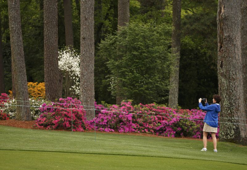 © Reuters. A golf patron takes pictures of the azaleas along the tenth fairway during a players practice round ahead of the 2015 Masters at the Augusta National Golf Course in Augusta