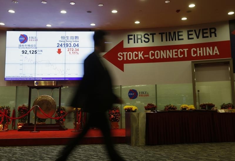© Reuters. A man walks past a panel displaying Hang Seng Index and a banner on 