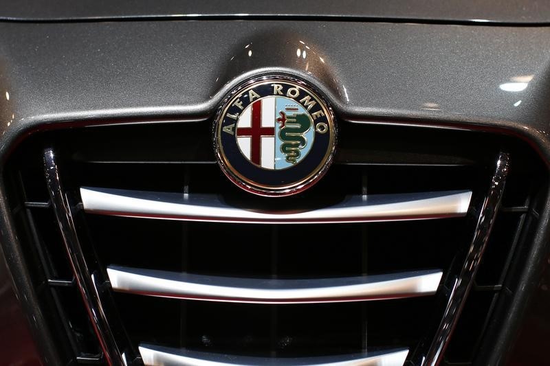 © Reuters. An Alfa Romeo logo is seen on a car displayed on media day at the Paris Mondial de l'Automobile
