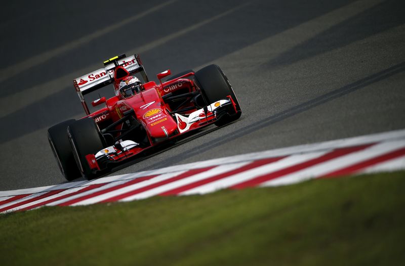 © Reuters. Ferrari Formula One driver Raikkonen of Finland drives during the second practice session ahead of the Chinese F1 Grand Prix at the Shanghai International Circuit 