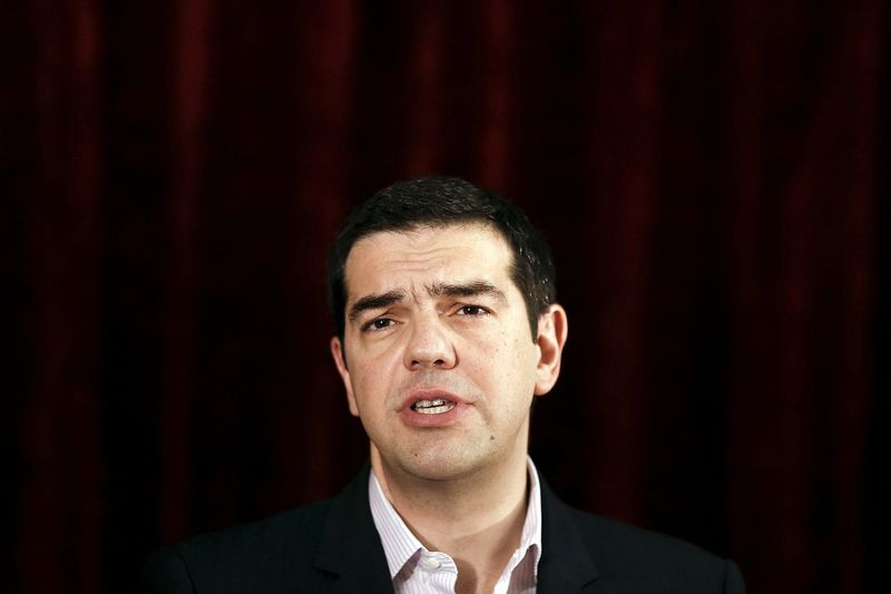 © Reuters. Greek PM Tsipras delivers a speech at the Health Ministry in Athens