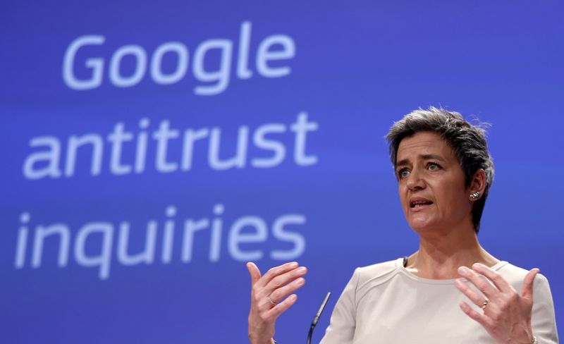 © Reuters. EU Competition Commissioner Vestager addresses a news conference in Brussels