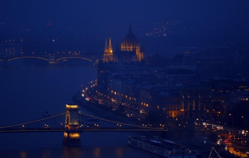 © Reuters. Night lights illuminate the early evening near the Danube river in Budapest